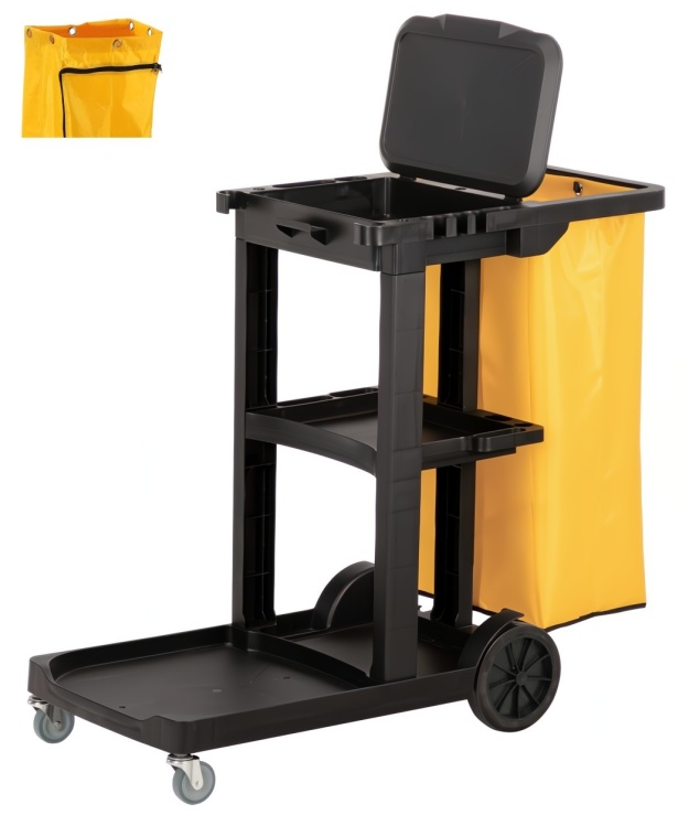 Black Compact Janitor Cart with Lid & Zipper Bag
